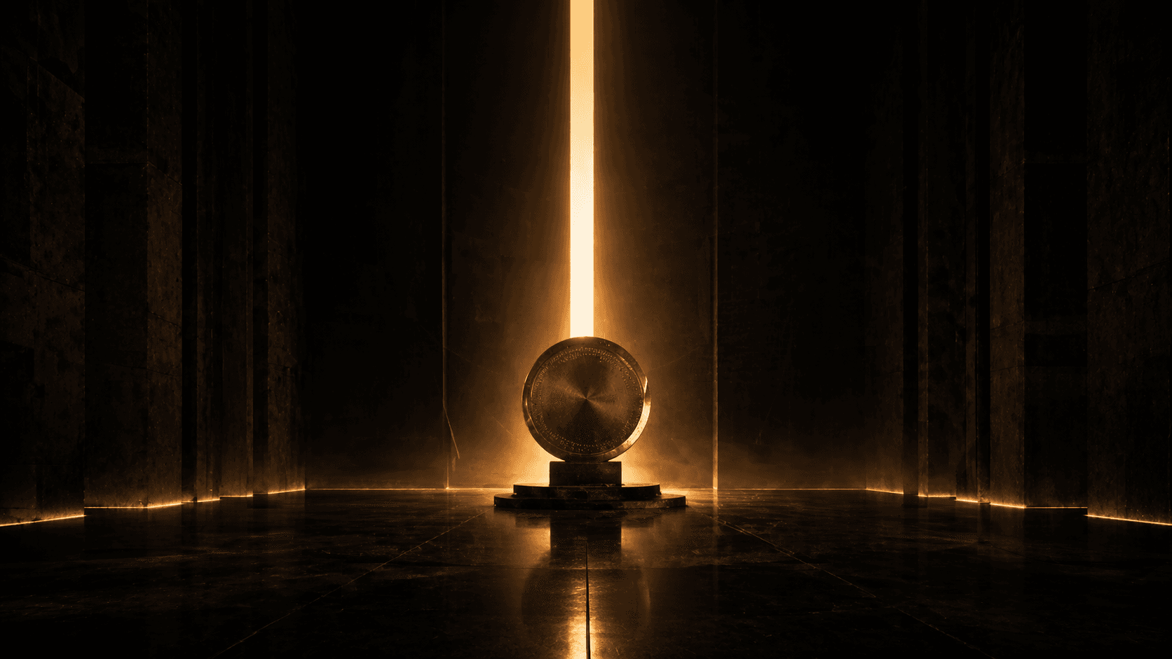 Alternate chapter two frame showing a metallic Bitcoin monument in a dark architectural hall.
