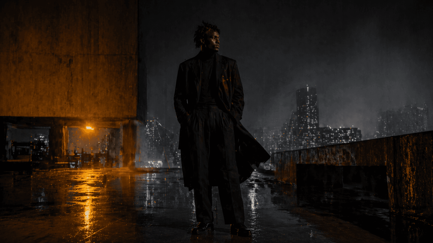 Alternate chapter four frame showing a matte-black dressed member standing on a wet rooftop at night.
